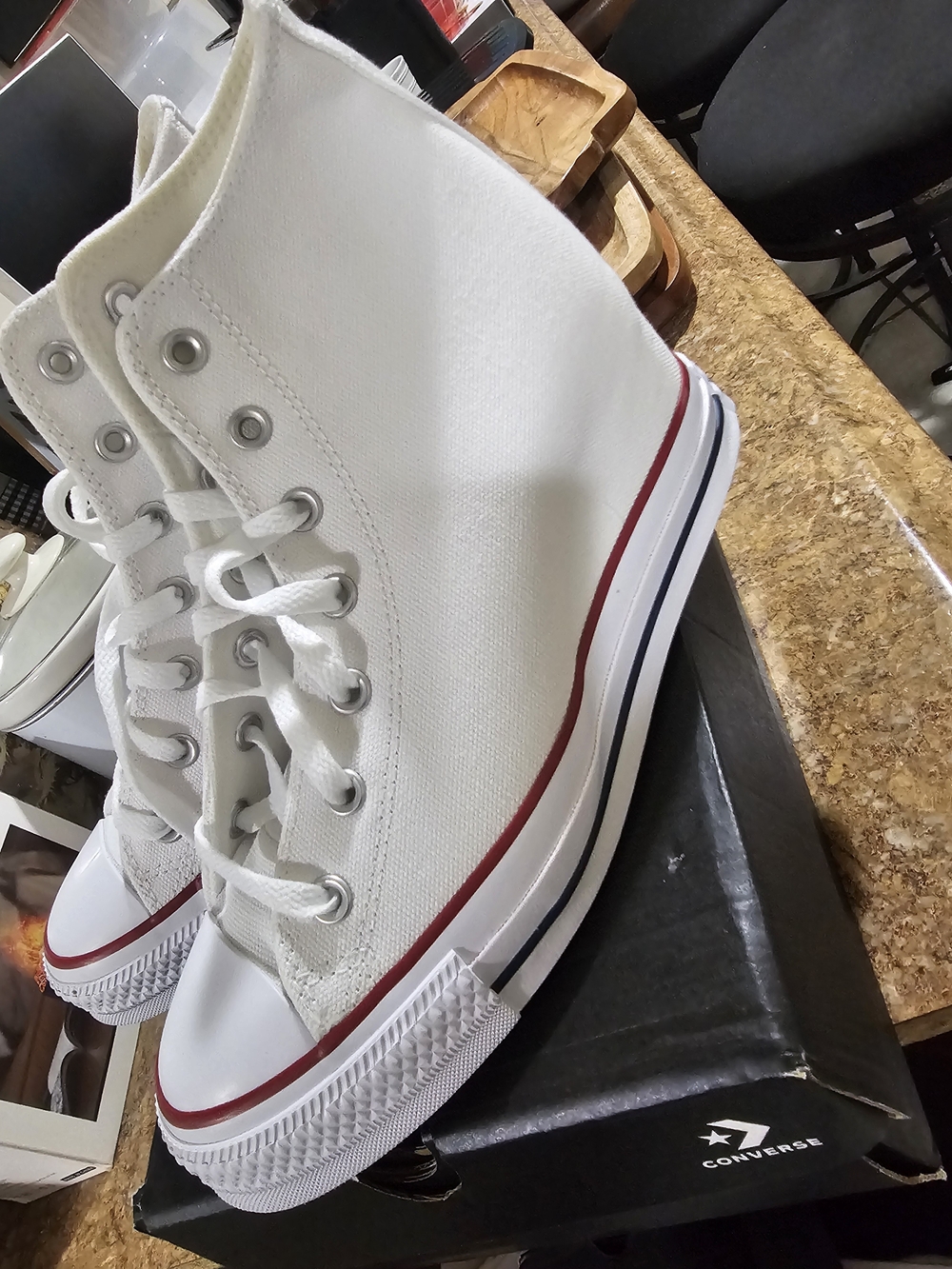 Converse White High-Top Canvas Sneakers with Red & Navy Trim